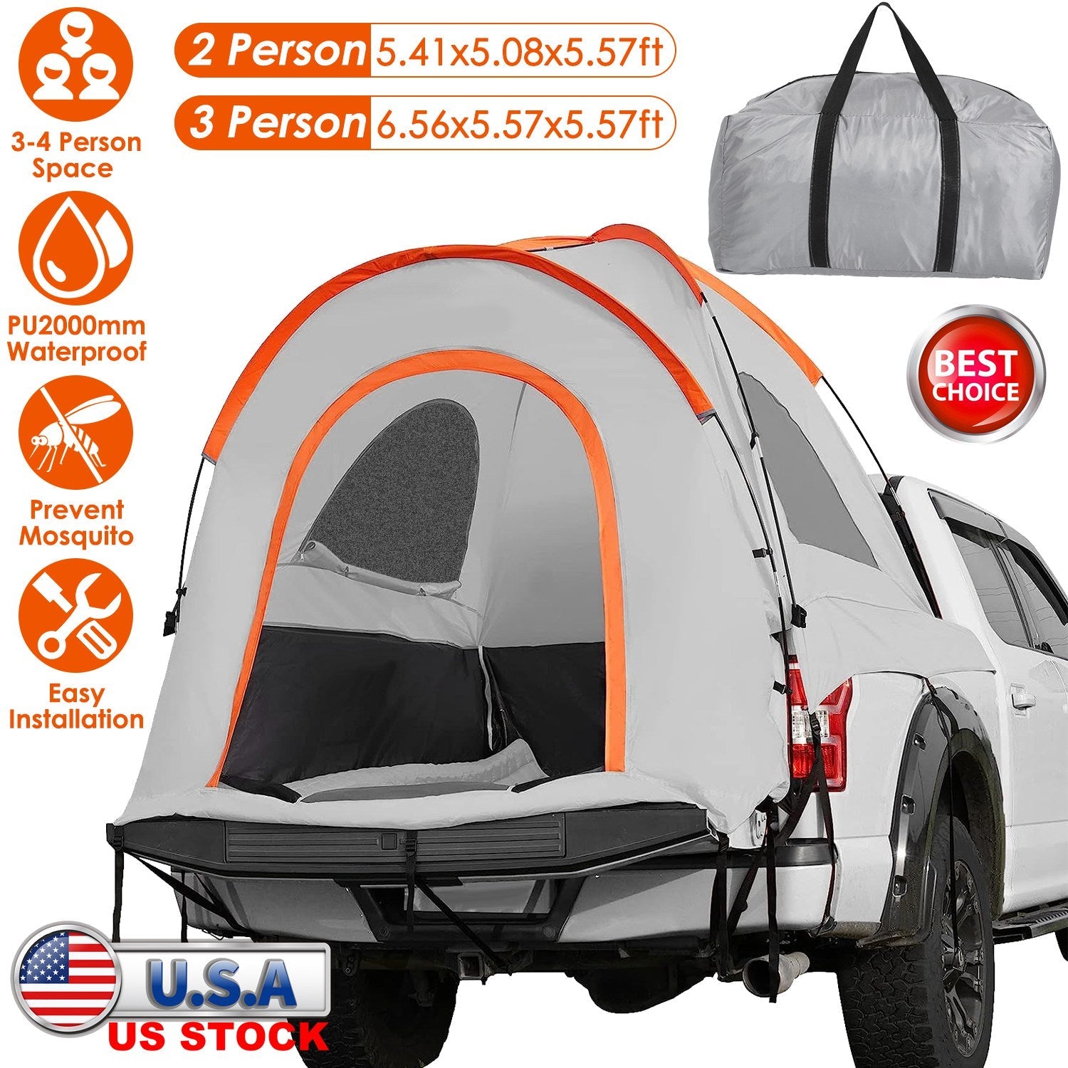 Truck Bed Tent Waterproof Windproof Pickup Truck Tent with Carry Bag 5.41-6.56FT Bed Rainfly PU2000mm Waterproof for Camping Travel
