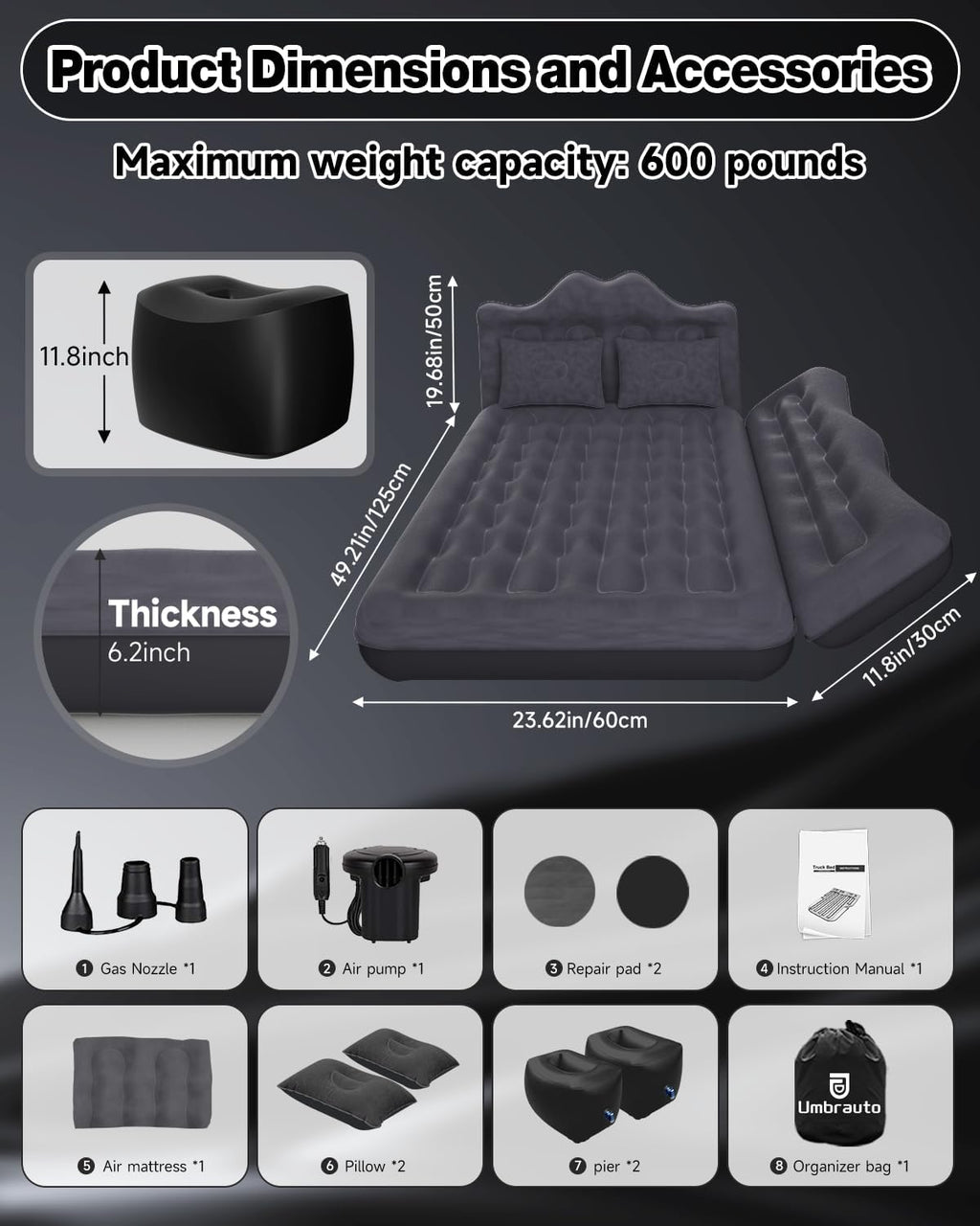 23.62in/60cm Truck Mattress Car & SUV Back Seat Camping Bed