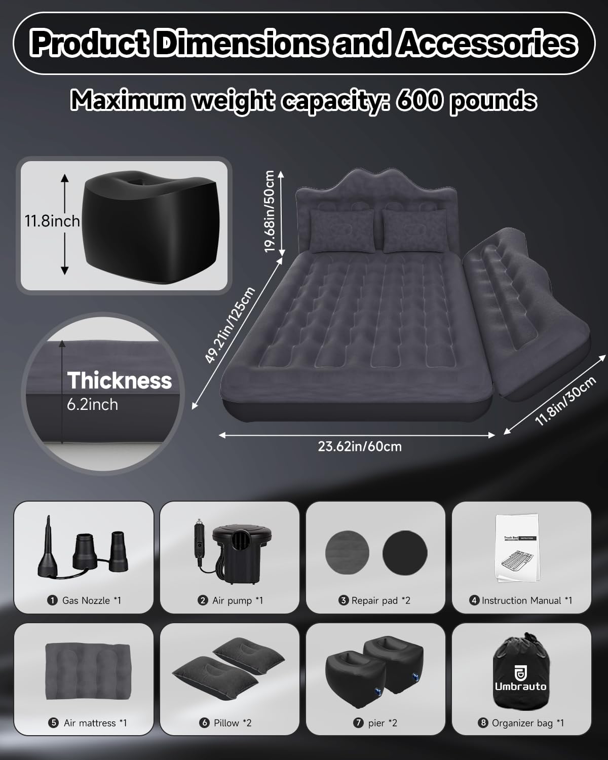 23.62in/60cm Truck Mattress Car & SUV Back Seat Camping Bed