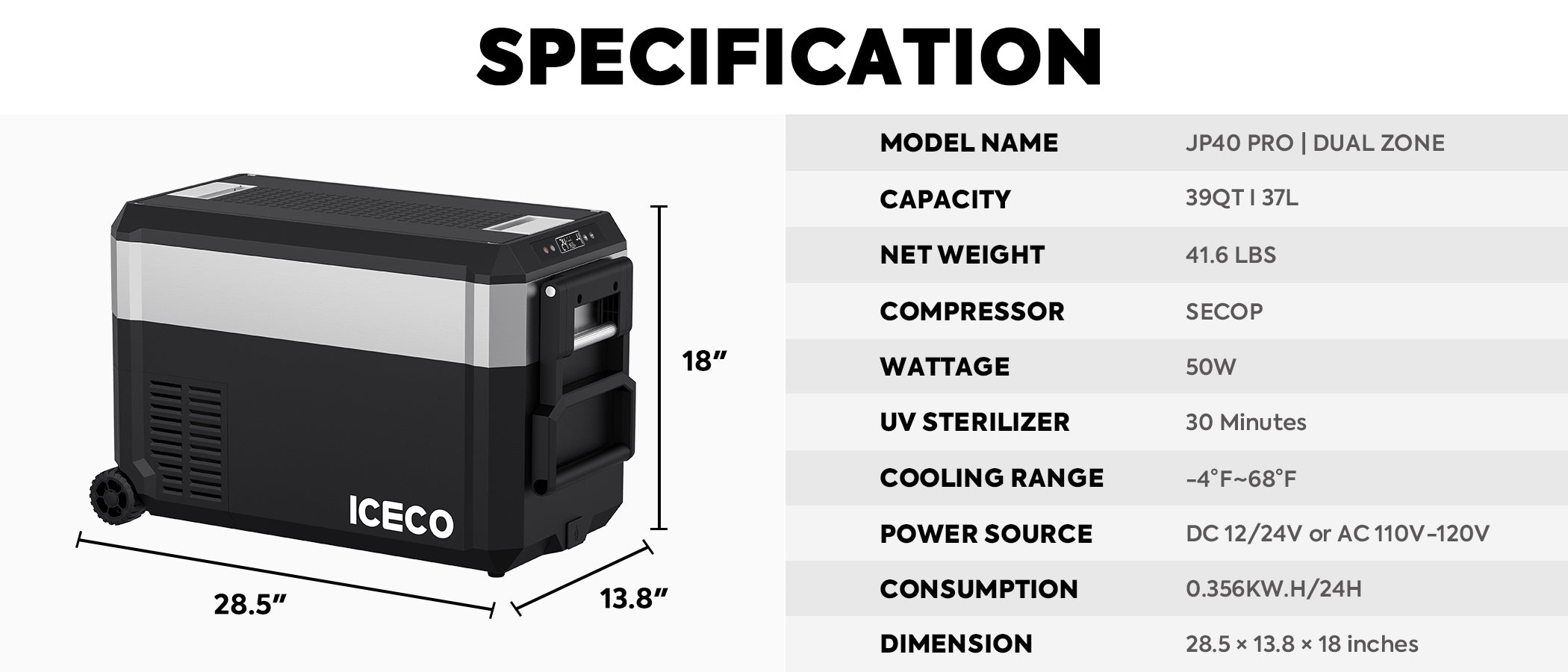 Pro Dual Zone Wheeled Portable Freezer 40 LT