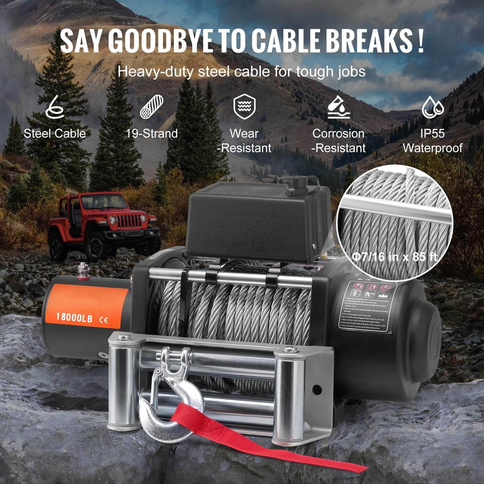 Electric Winch Truck Steel Cable Winch 85ft Wire Rope