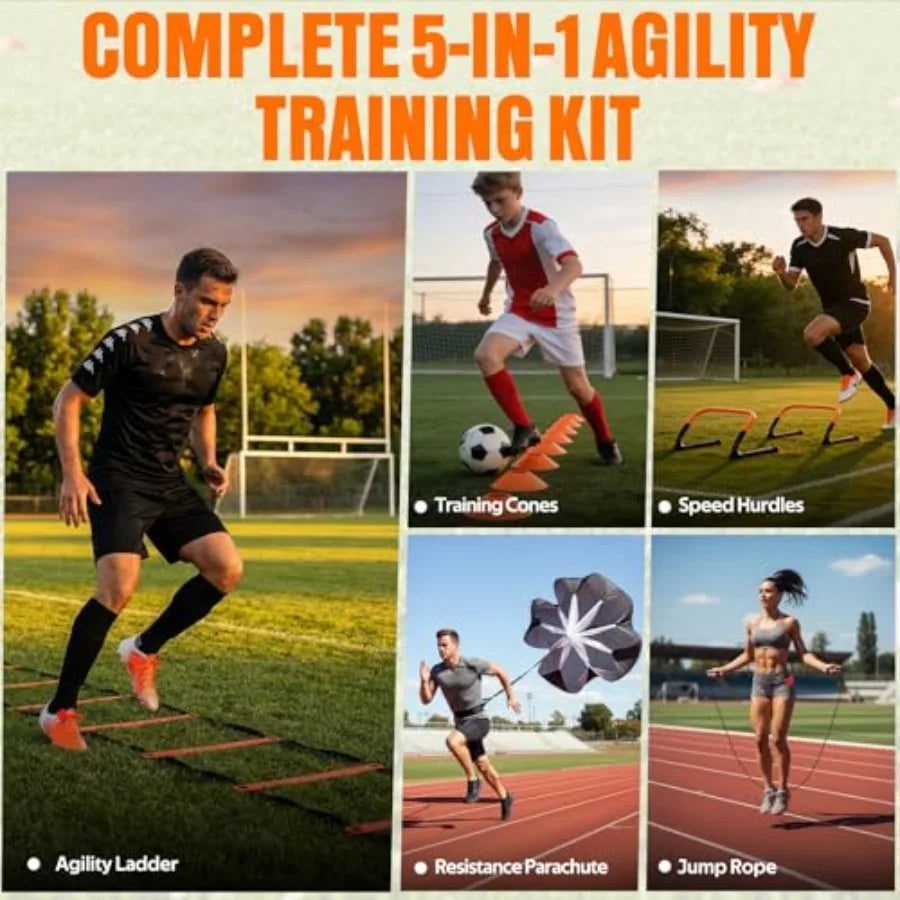 Agility Ladder, Soccer Football Training Equipment Set - 20Feet Speed Ladder, 4 Hurdles, Parachute, 12 Cones and Jump Rope Agil