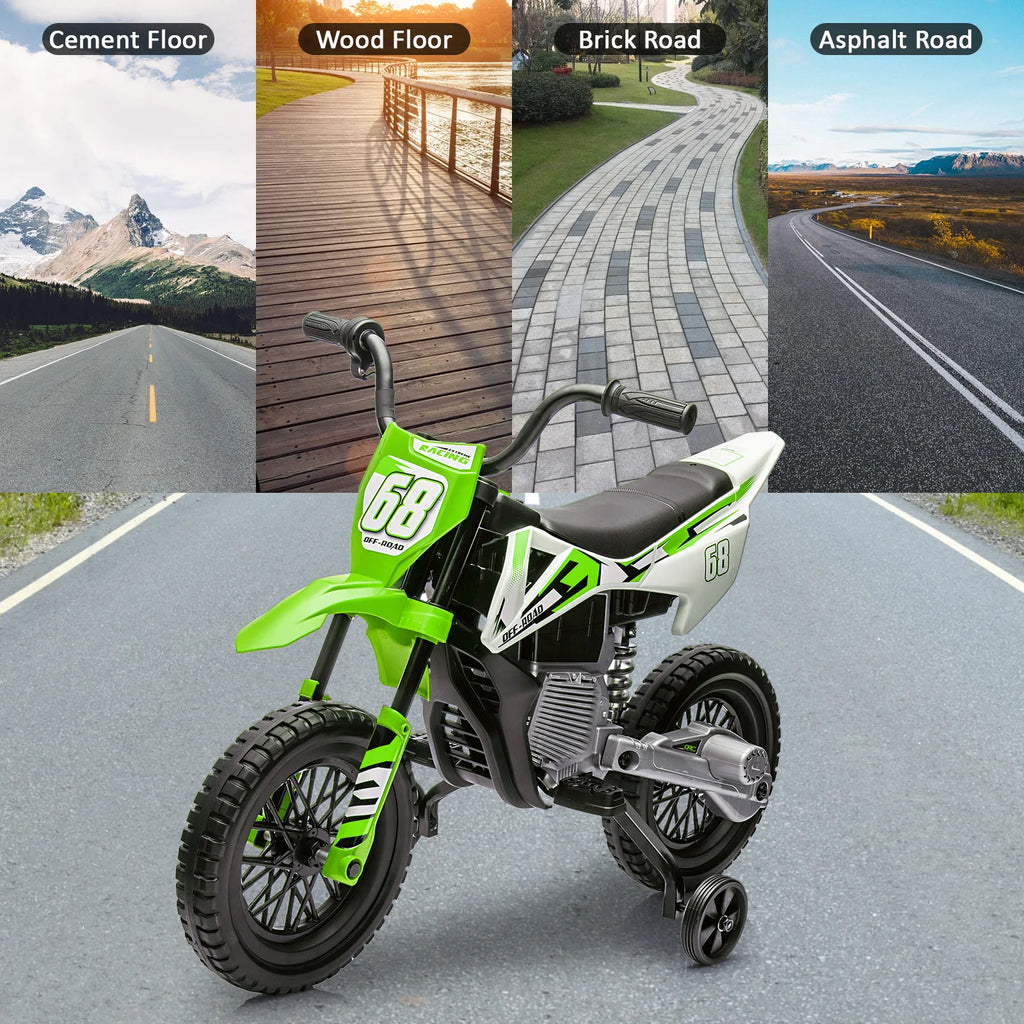 12v Kids Electric Dirt Bike with Training Wheels Twist Grip Throttle 3Mph Max Speed Music Safe Ride-on Motorcycle for Children