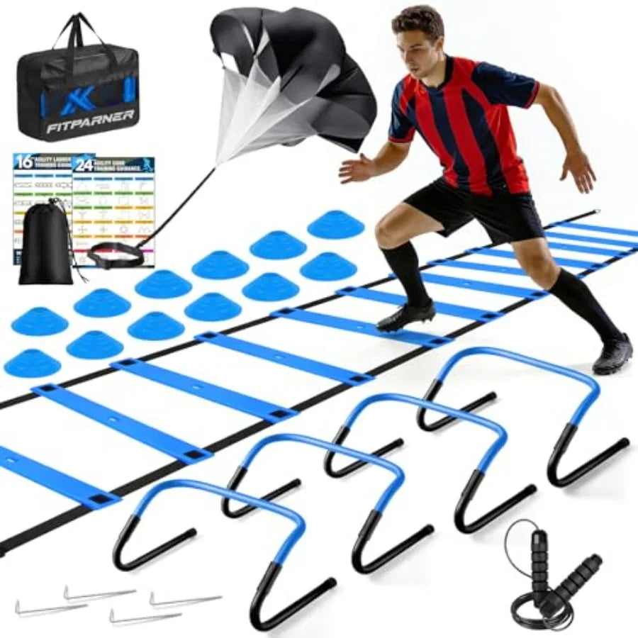Agility Ladder, Soccer Football Training Equipment Set - 20Feet Speed Ladder, 4 Hurdles, Parachute, 12 Cones and Jump Rope Agil