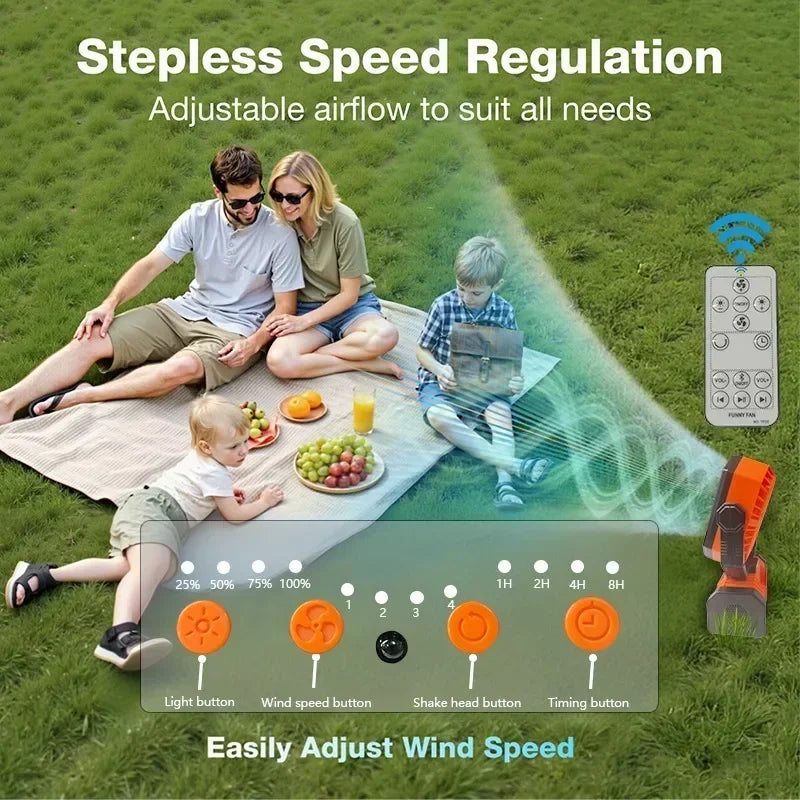 2025New Outdoor Camping Fan with Bluetooth Speaker Outdoor Ventilador Cool Air Portable Fan with Hook for Fishing and Picnicking