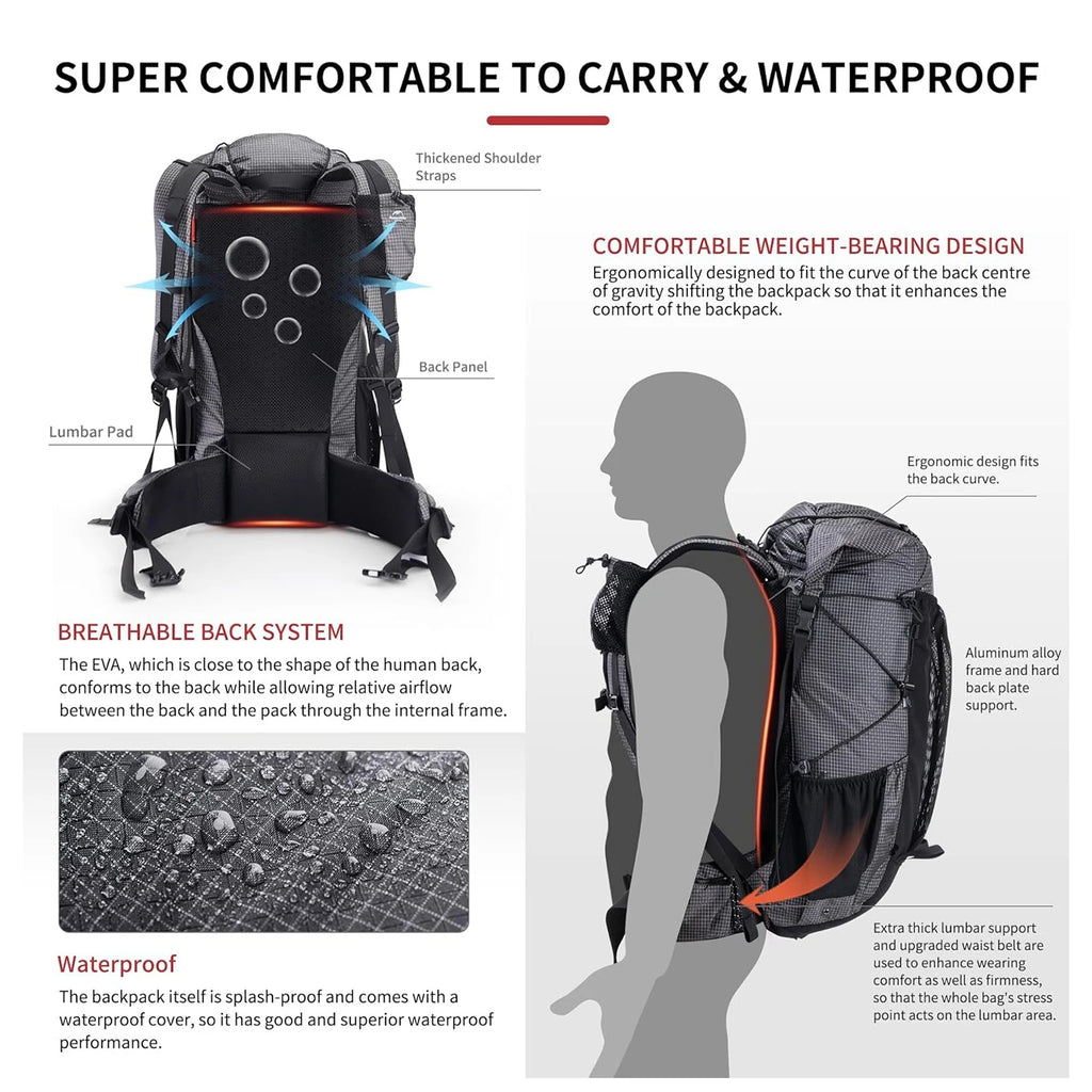 Outdoor Mountain Backpack 60+5L Waterproof  With Rain Cover