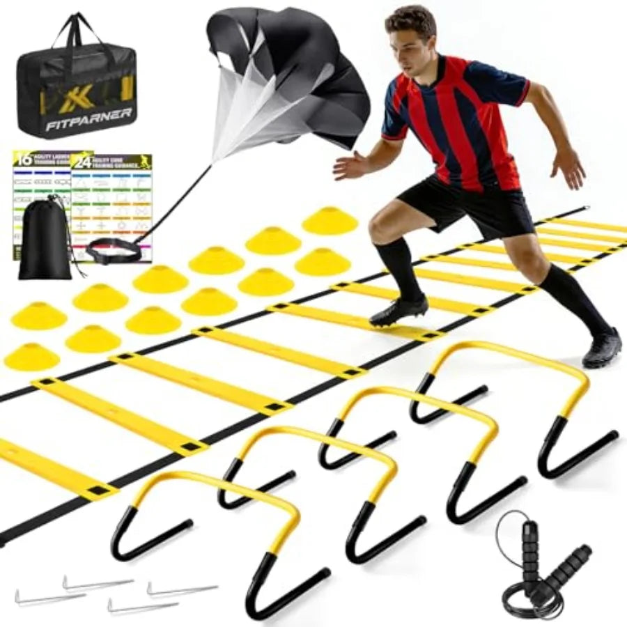 Agility Ladder, Soccer Football Training Equipment Set - 20Feet Speed Ladder, 4 Hurdles, Parachute, 12 Cones and Jump Rope Agil
