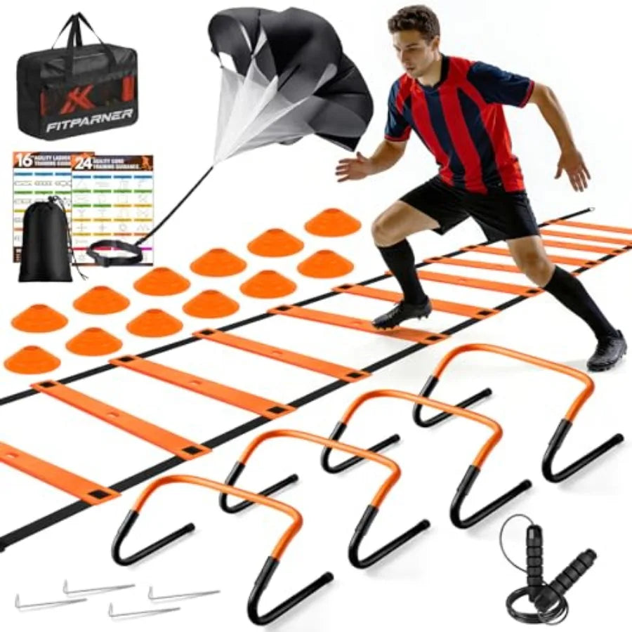 Agility Ladder, Soccer Football Training Equipment Set - 20Feet Speed Ladder, 4 Hurdles, Parachute, 12 Cones and Jump Rope Agil