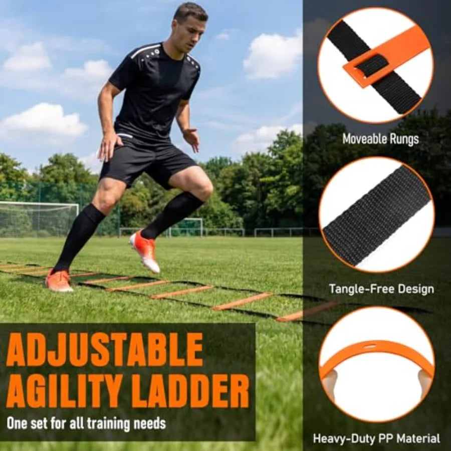 Agility Ladder, Soccer Football Training Equipment Set - 20Feet Speed Ladder, 4 Hurdles, Parachute, 12 Cones and Jump Rope Agil
