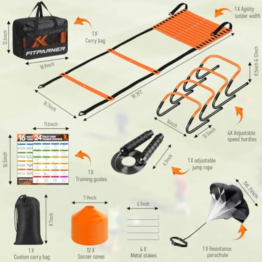 Agility Ladder, Soccer Football Training Equipment Set - 20Feet Speed Ladder, 4 Hurdles, Parachute, 12 Cones and Jump Rope Agil