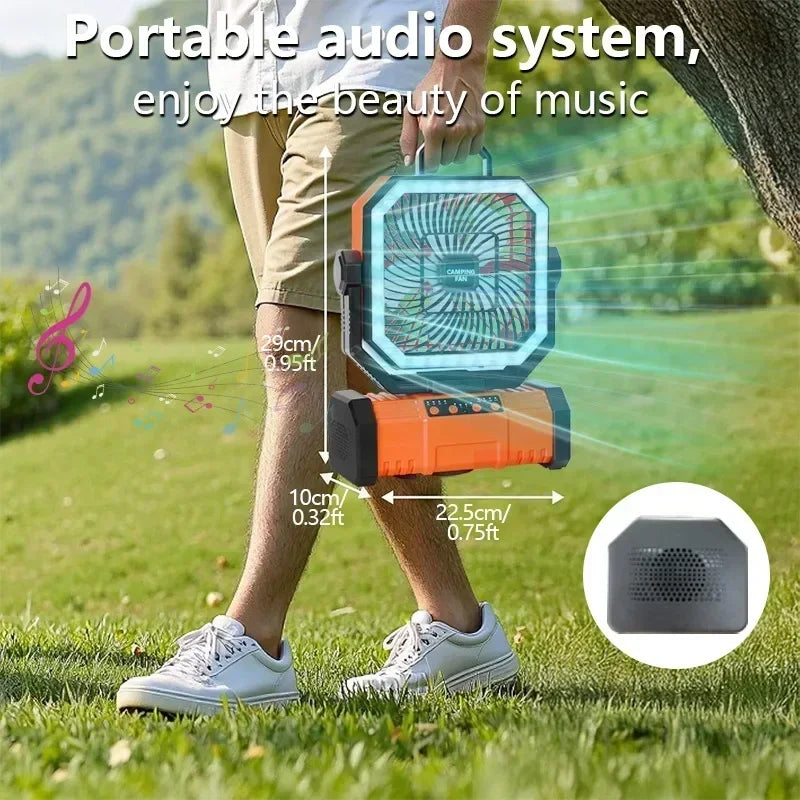 2025New Outdoor Camping Fan with Bluetooth Speaker Outdoor Ventilador Cool Air Portable Fan with Hook for Fishing and Picnicking