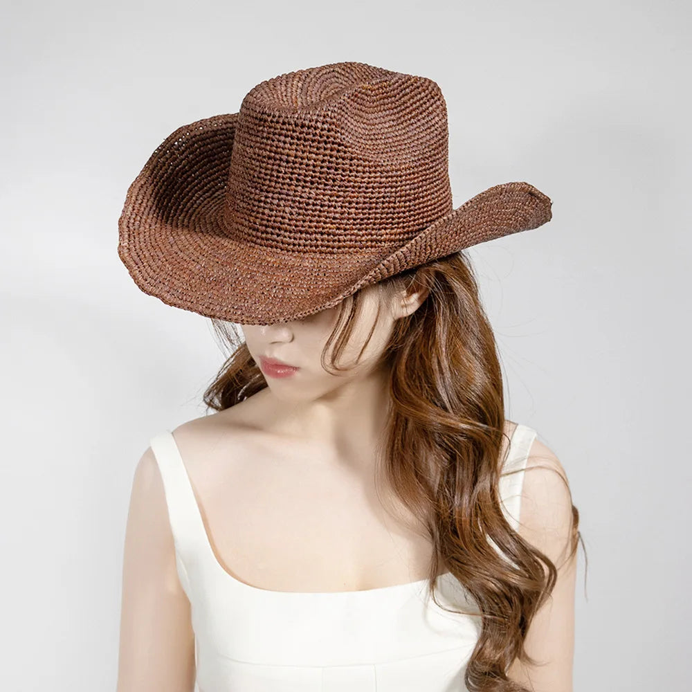 Hand-crocheted Natural Raffia Straw Cowboy Hat