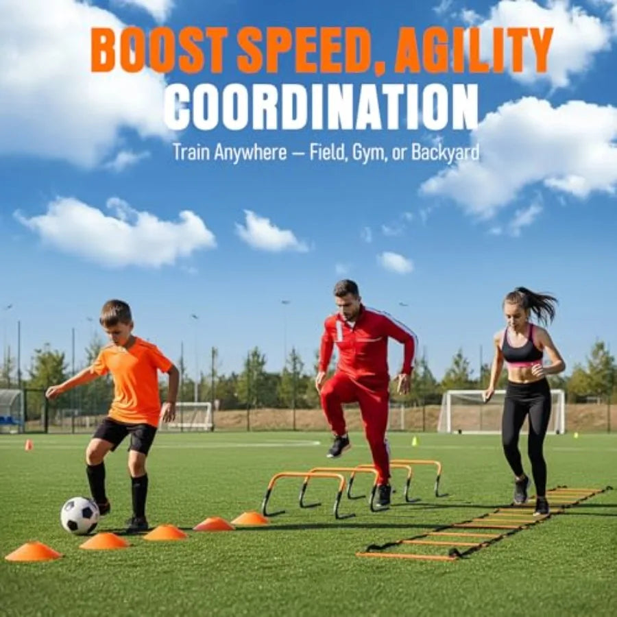 Agility Ladder, Soccer Football Training Equipment Set - 20Feet Speed Ladder, 4 Hurdles, Parachute, 12 Cones and Jump Rope Agil