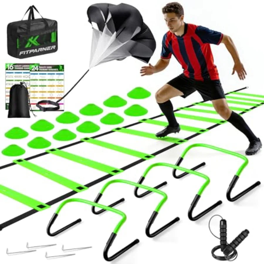 Agility Ladder, Soccer Football Training Equipment Set - 20Feet Speed Ladder, 4 Hurdles, Parachute, 12 Cones and Jump Rope Agil
