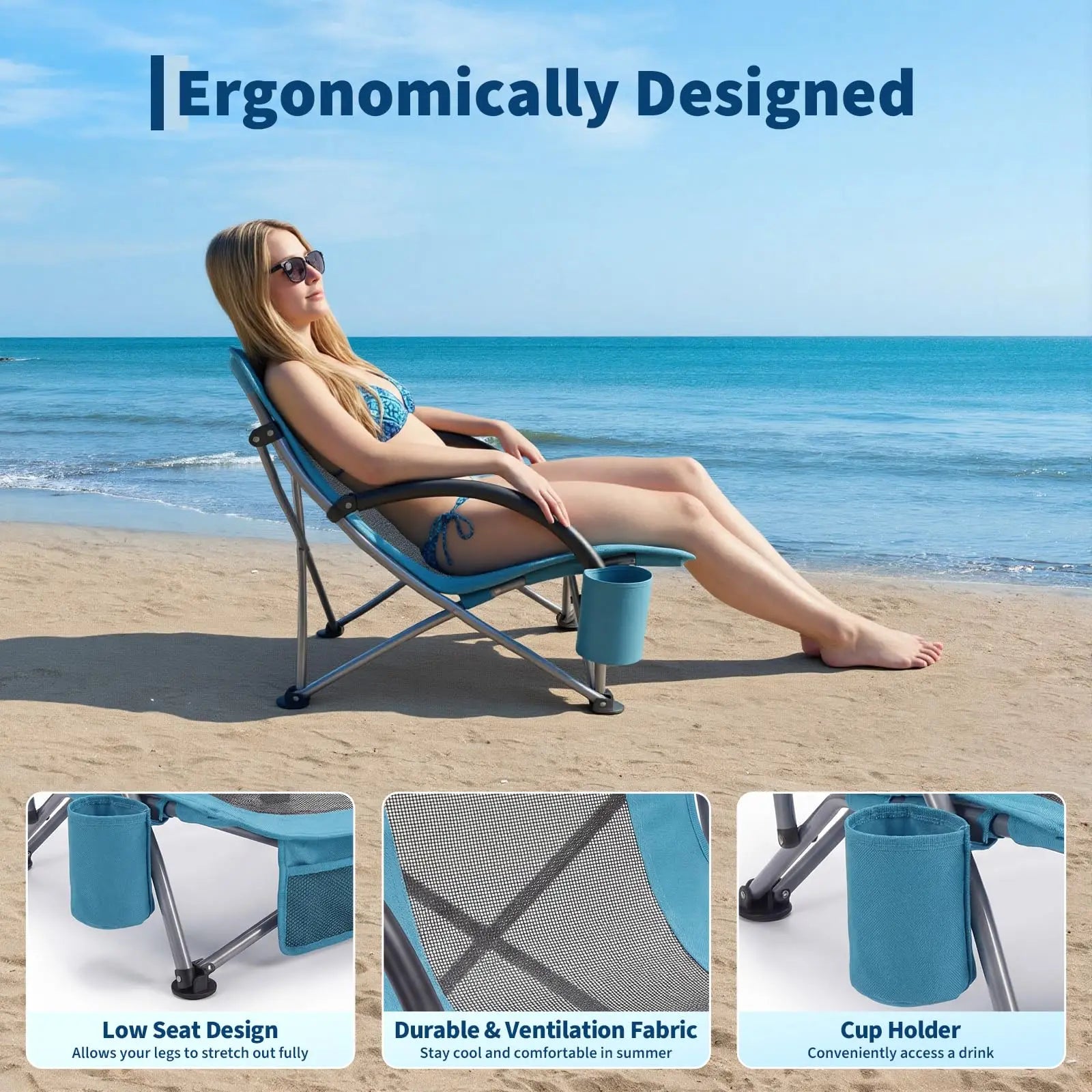 2 Low Beach Chairs Folding Portable