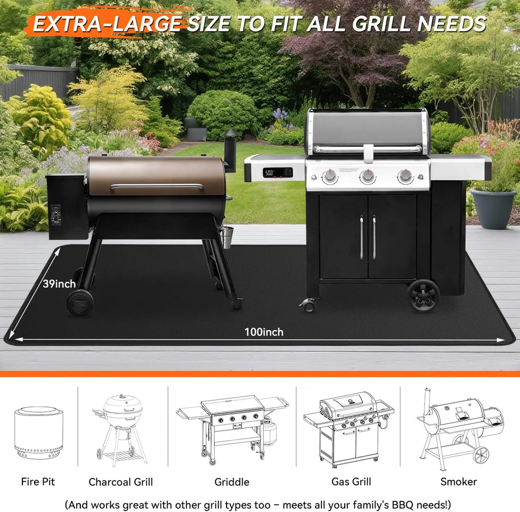 100x39" Extra-Large Under Grill Mat, Double-Sided Fireproof, Oil-Proof & Waterproof for BBQ Fire Pit