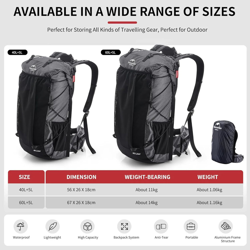 Outdoor Mountain Backpack 60+5L Waterproof  With Rain Cover