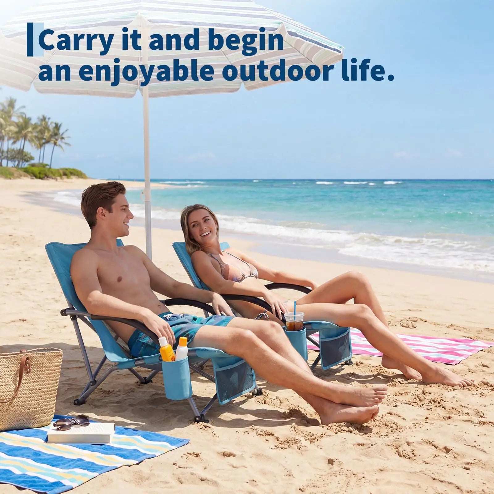 2 Low Beach Chairs Folding Portable