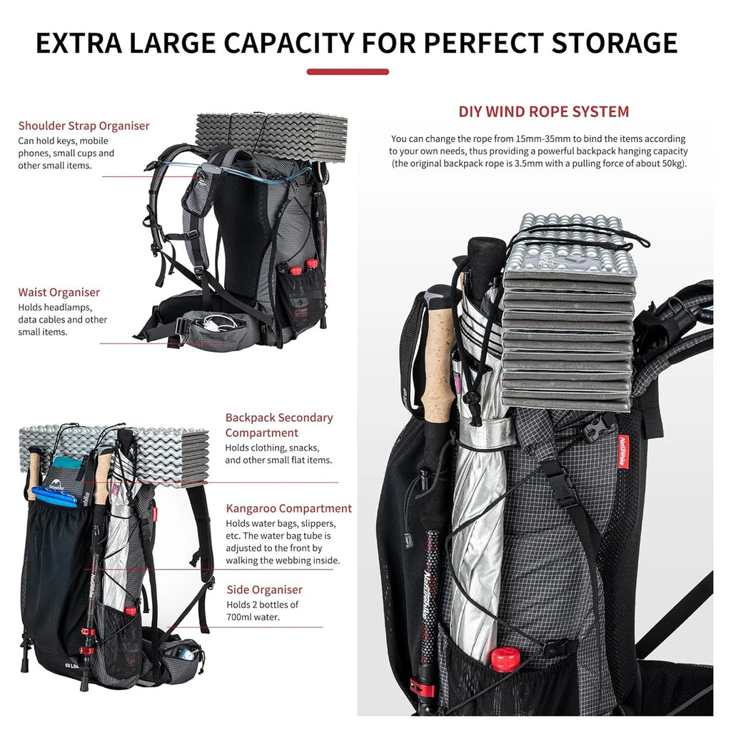Outdoor Mountain Backpack 60+5L Waterproof  With Rain Cover