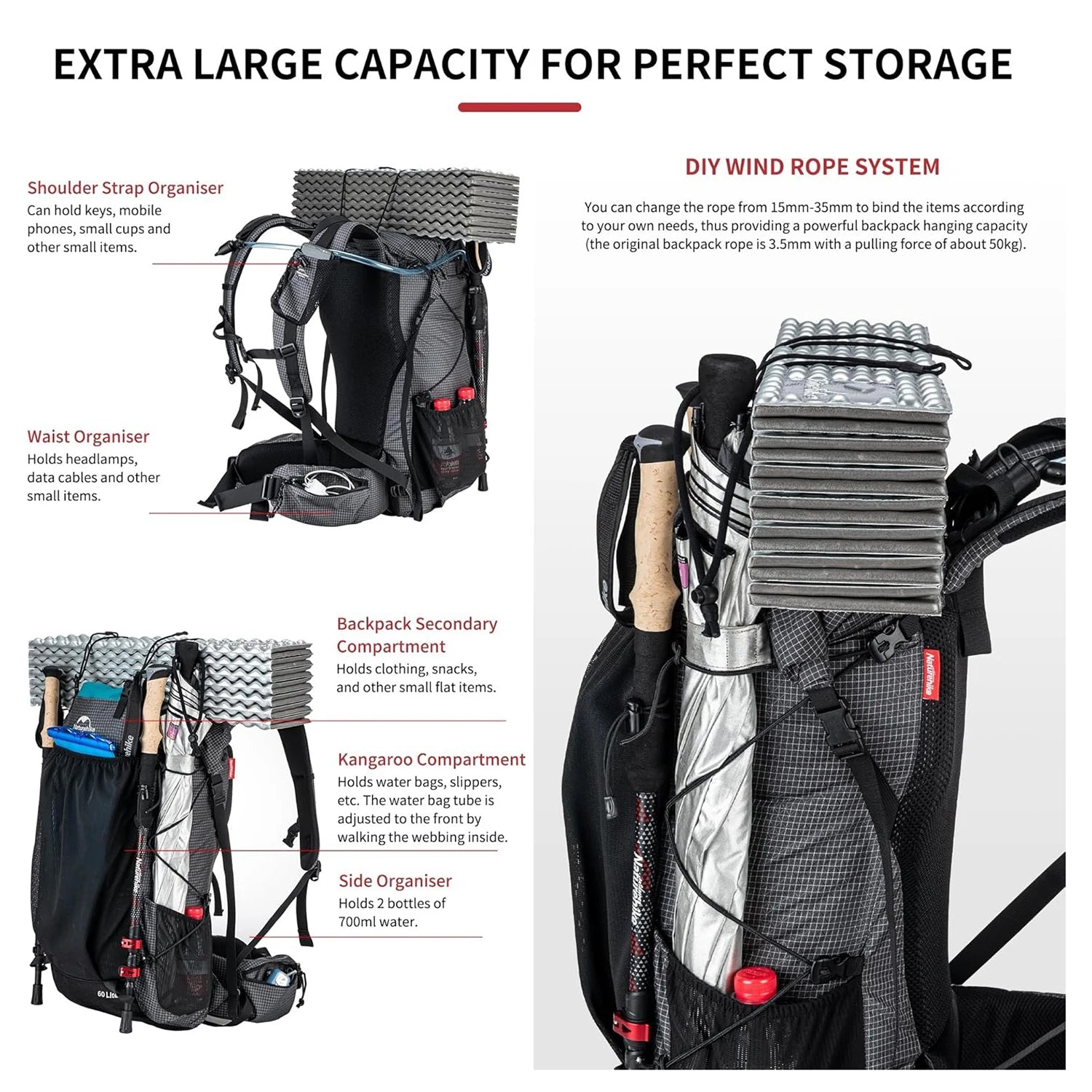 Outdoor Mountain Backpack 60+5L Waterproof  With Rain Cover