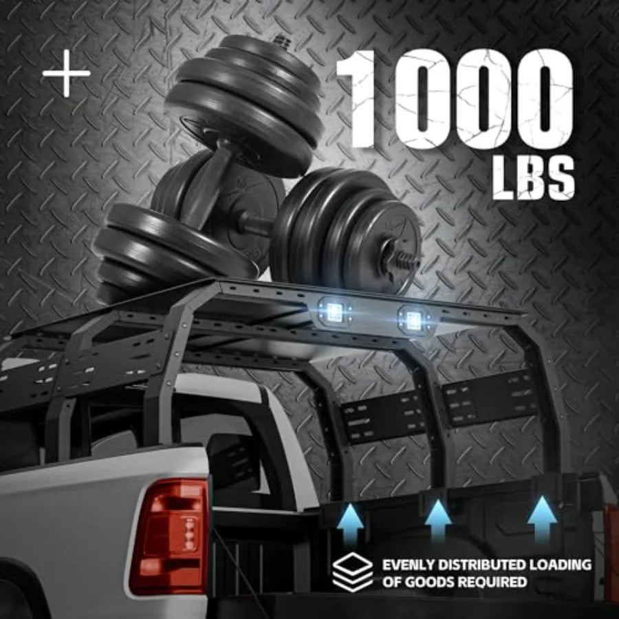 High Bed Racks Truck Cargo Carrier with 2 LED Lights for Tacoma/Ram 1500/Tundra/Silverado/Sierra/F150/Titan/Canyon